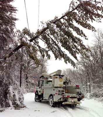 THE WEIGHT OF ICE and snow during winter storms can cause limbs or whole trees to fall near power lines, resulting in widespread power outages. PCEC has more than 3,000 miles of energized lines servicing more than 25,000 active customers in Missouri, including those in Clay and Ray counties. PLATTE-CLAY ELECTRIC COOPERATIVE | Submitted