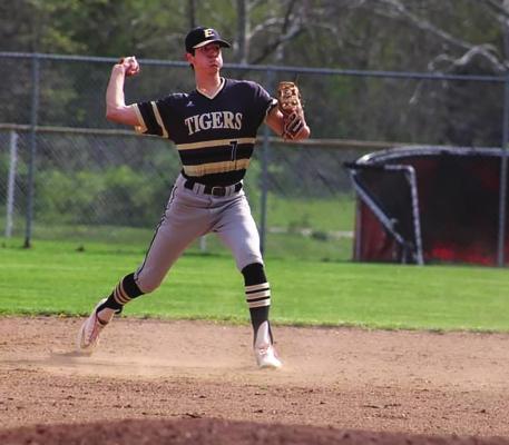 SENIOR JALEN SORIA makes a play from shortstop to finish an inning during Excelsior Springs’ April 26 road win over Van Horn. DUSTIN DANNER | Staff