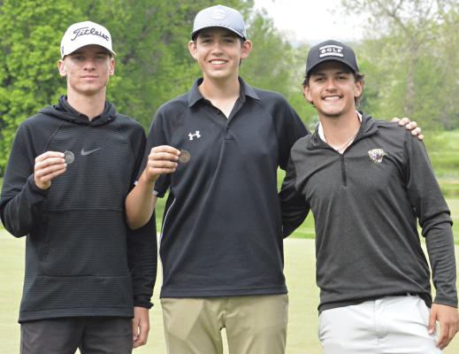 EXCELSIOR SPRINGS is sending three golfers to Class 3 boys state competition — Landon Biermann (from left), Lane Overholtzer and Tayvion Kennedy. SHAWN RONEY | Staff