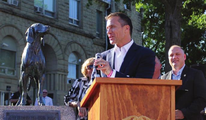 THEN-GOV. Eric Greitens recognizes Old Drum as Missouri’s state dog in June 2017 in Warrensburg.
