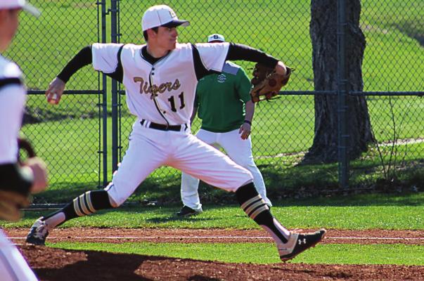 EXCELSIOR SPRINGS sophomore Mason Danner delivers a pitch during the ballclub’s April 3 doubleheader with visiting Smithville. Smithville sweeps the two games, 14-3 and 16-5. DUSTIN DANNER | Staff