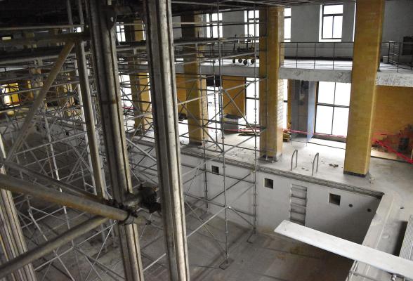 THE ONLY REMAINING POOL in the Hall of Waters is filled with $30,000 of scaffolding. The pool will be the next part of the construction, where issues such as delamination of the concrete ceiling will take place. TARA ALTIS | Staff