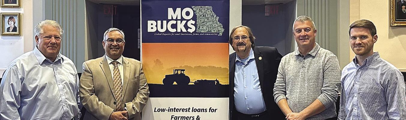 COUNTY TREASURER Bob Nance (from left), Missouri State Treasure Vivek Malek, Clay County commissioners Jerry Nolte, Scott Wagner and Jon Carpenter discuss MOBUCK$ in Clay County Submitted
