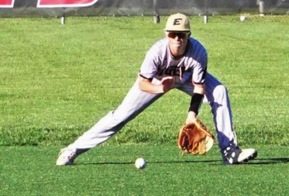 SECOND BASEMAN Klayton Glaspy makes a play during Excelsior Springs’ 5-2 Class 4 state quarterfinal loss to Marshall May 27 at Marshall. DUSTIN DANNER | Staff