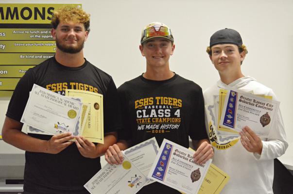 BRODY QUERRY (from left), Henry Crowley and Cruz Lloyd receive their awards from Excelsior Springs’ end-of-season baseball banquet. They’ve discussed playing together in junior college. Look for additional banquet coverage July 3. SHAWN RONEY | Staff