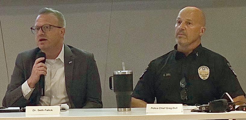 CRIMINAL JUSTICE PROFESSOR Dr. Seth Fallik (left) and Excelsior Springs Police Chief Greg Dull discuss automated license plate reader technology during a public forum on Flock cameras. MIRANDA JAMISON | Staff