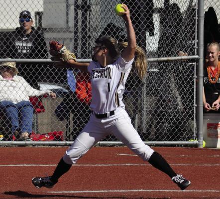 BAILEY CARDER, shown here pitching in 2021 against Platte County in district competition at Excelsior Springs, has confirmed her plans to play softball at Kansas City, Kan., Community College. SHAWN RONEY | Staff