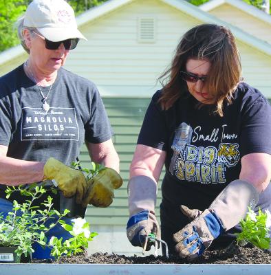 VOLUNTEERS DENISE BELCHER (left) and Shelley Spear prepare one of 36 planters that will grace the downtown area of the city. MIRANDA JAMISON | Staff