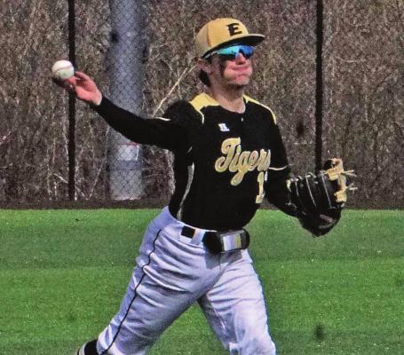 JUNIOR SHORTSTOP Mason Danner throws to first base for a putout last week in the late innings of a weather-delayed Missouri River Valley Conference West Division meeting with Oak Grove. It is among six games the Tigers play in a week of varsity baseball. DUSTIN DANNER | Staff