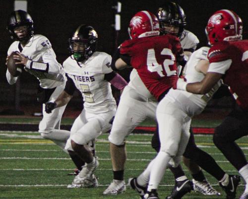 QUARTERBACK LANDON MARCUM (left) looks to pass during Excelsior Springs’ Class 4 District 8 meeting with Van Horn on Independence. SHARON DONAT | Staff