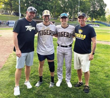 (FROM LEFT) Kevin Dusek; Broc Dusek, his son; Mason Danner; and Dustin Danner, Mason’s dad, are part of a group of fathers and sons at Excelsior Springs who’ve all played in at least one state final four in baseball. SUBMITTED PHOTO