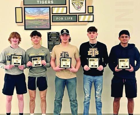 THE EXCELSIOR SPRINGS High School wrestling award-winners are (from left) Cooper Collins, Ryne Marcum, Hunter Scoma, Micah Danner and Francisco Sanchez. DUSTIN DANNER | Staff