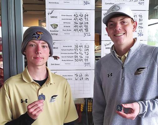 SOPHOMORE JACOB SCHMIDT, left, and senior Ethan Edwards display their medals from the Missouri River Valley Conference West Division Tournament May 2 at Mules National Golf Course in Warrensburg. The two play their way onto the all-MRVC West team. DAVID STALDER | Submitted