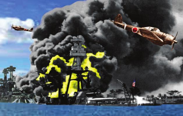 THIS DEPICTION of the Pearl Harbor attack, created from photographs and colorized, shows the USS Tennessee, left, using hoses to push away oil after the USS Arizona is struck by Japanese war planes and left spewing flames and smoke against the blue Hawaiian sky. Fire raged more than two days. J.C. VENTIMIGLIA | Staff