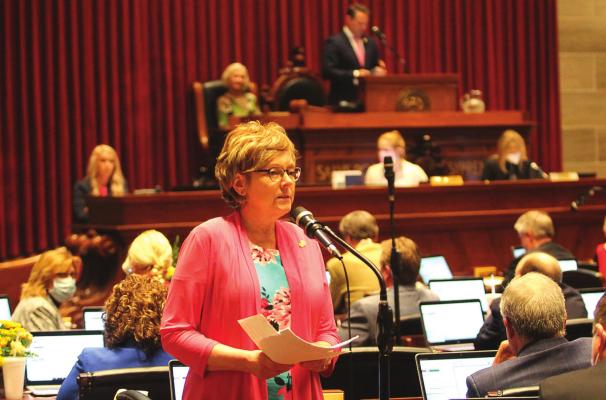 J.C. VENTIMIGLIA | Staff ON THE FLOOR of the Missouri House, Rep. Peggy McGaugh listens to an apology from Rep. Dan Shaul. ‘