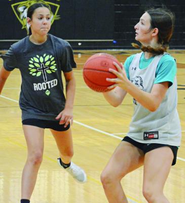 DESPITE A broken goal, coach JD Biermann and the participants at an Excelsior Springs girls basketball camp for grades 5-12 find court space for the girls to scrimmage. SHAWN RONEY | Staff