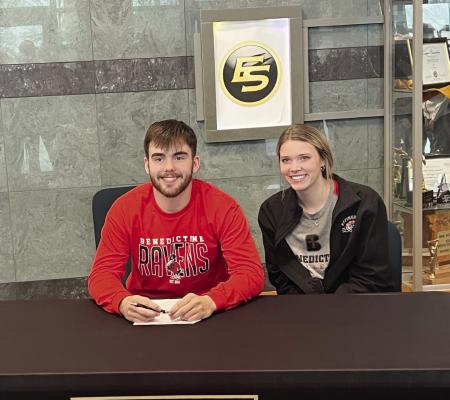 EXCELSIOR SPRINGS senior Chance Moreland, with girlfriend Aleah Wallisch, signs his letter of intent to play football for Benedictine College, an NAIA program in Atchison, Kan. DUSTIN DANNER | Staff