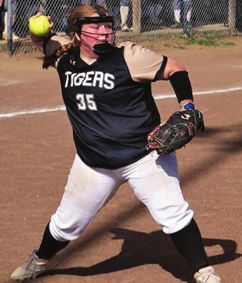SENIOR FIRST BASEMAN Ariana Reynolds makes a play for Excelsior Springs during tournament play over the weekend at Cameron. TIM HARLAN | SUBMITTED