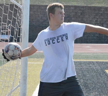 BRETT JONES, shown honing his goalkeeping skills, is among the returning players Brett McKenzie will lead in succeeding Zac Ganzer as Excelsior Springs varsity boys soccer coach. SHAWN RONEY | Staff