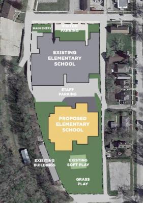 INCITE DESIGN STUDIO illustrates one possible solution to constructing a new Lewis Elementary School by building the new facility behind the old, then demolishing the old structure once the new facility is in operation.