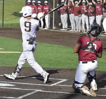 RYNE MARCUM (left) swings at a pitch during Excelsior Springs’ Class 4 District 15 title meeting with Benton of St. Joseph. Marcum is among five ballplayers the Tigers are losing to graduation. SHAWN RONEY | Staff
