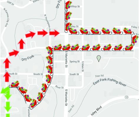 THE PARADE ROUTE will be cleared of vehicles between 4:15 and 4:30 p.m. on Saturday, Nov. 18. There will be a full route shut down no later than 5:45 p.m. The closures will slowly reopen at the conclusion of the Lighted Parade. For safety purposes, all vehicles must be removed from the streets of Broadway and Thompson during the parade. The Mayor’s Christmas Tree and Rooftop Lighting Ceremony is at 6 p.m. with the Lighted Christmas Parade beginning at 6:05 p.m.