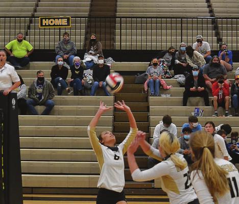 EXCELSIOR SPRINGS senior Natalie Frese sets up junior Rylie Stottlemyre in volleyball action DUSTIN DANNER | Staff