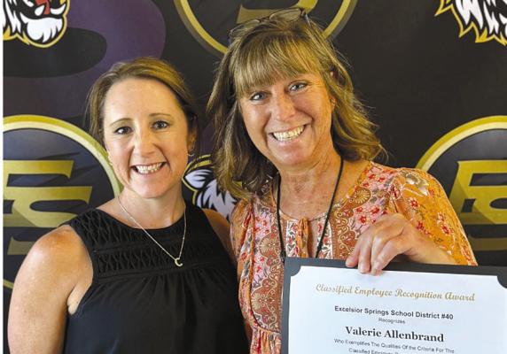 EXCELSIOR SPRINGS School District Dr. Christen Everett presents Valerie Allenbrand with the Certified Employee of the Month award. Submitted