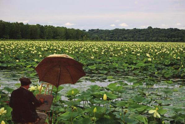 THIS PAINTING, reminiscent of French impressionist Claude Monet’s work with water lilies, but also suggesting photographic realism, is an inspired example of Cooley Lake-inspired art.