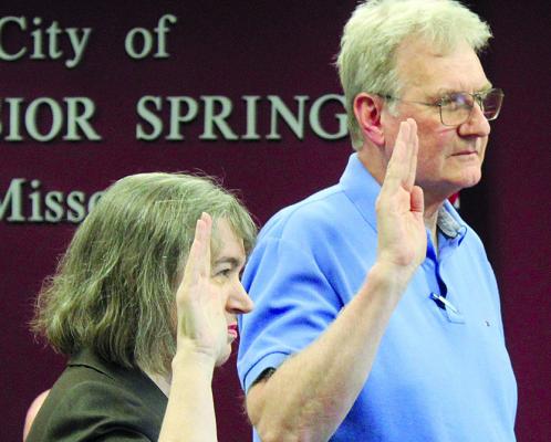 SONYA MORGAN and Reggie St. John take the oath of office after being elected to the Excelsior Springs City Council. MIRANDA JAMISON | Staff