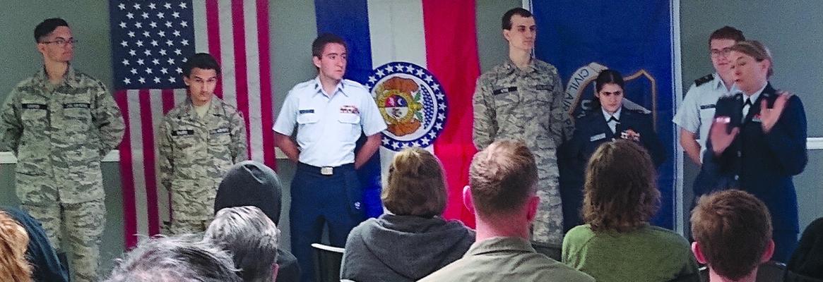 Colonel Jen Smith (far right), is the Missouri Wing Commander speaking with the cadets. ELIZABETH BARNT | Staff