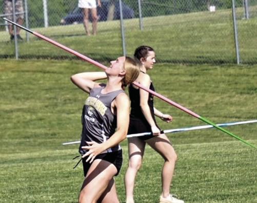 KINLEY ROGERS, a first-year high schooler, attempts a javelin throw May 13 during Class 4 District 8 competition at Winnetonka HIgh School. TIM HARLAN | Submitted