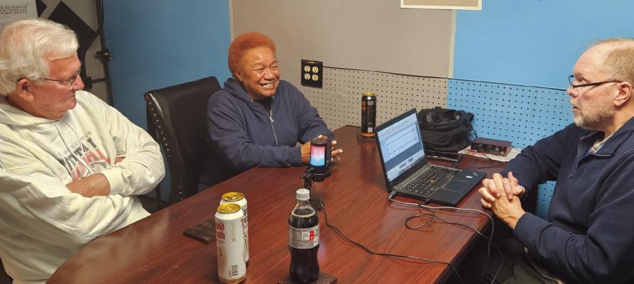ARMY VETERAN NORMAN Bowman (from left), Navy veteran Valerie Bigby and Richmond News Sports Editor Shawn Rooney discuss Veterans Day activities for the upcoming episode of the Ray County Voices podcast. MIRANDA JAMISON | Staff
