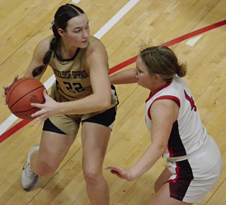 JOSIE CASLER (left) is guarded by Odessa’s Keely Byrd during the third-place game of the Lawson Invitational Tournament. SHAWN RONEY | Staff