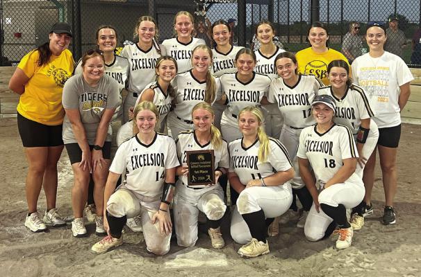 THE EXCELSIOR SPRINGS varsity softball team savors its Cameron Tournament title. Pictured (from left), front row, Haylee Ray, Alyssa Dean, Sydney Jones, Courtney James; second row, assistant coach Jessica Evert, Bristol Sharp, Kayden Rogers, Addi Lingle, Willa Schreier, Jenna Thomas; back row, coach Megan Gilbertson, Keira Romazon, Bella Loeffert, Kinley Rogers, Josie Casler, Reese Ryan, assistant coach Jessica Teel, assistant coach Promise Taylor. DUSTIN DANNER | Staff