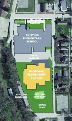 INCITE DESIGN STUDIO illustrates one possible solution to constructing a new Lewis Elementary School by building the new facility behind the old, then demolishing the old structure.