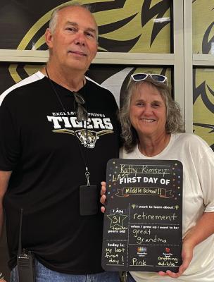 KATHY KIMSEY (right) stands with her husband, Jeff, while announcing retirement after 31 years with the Excelsior Springs School District. Submitted