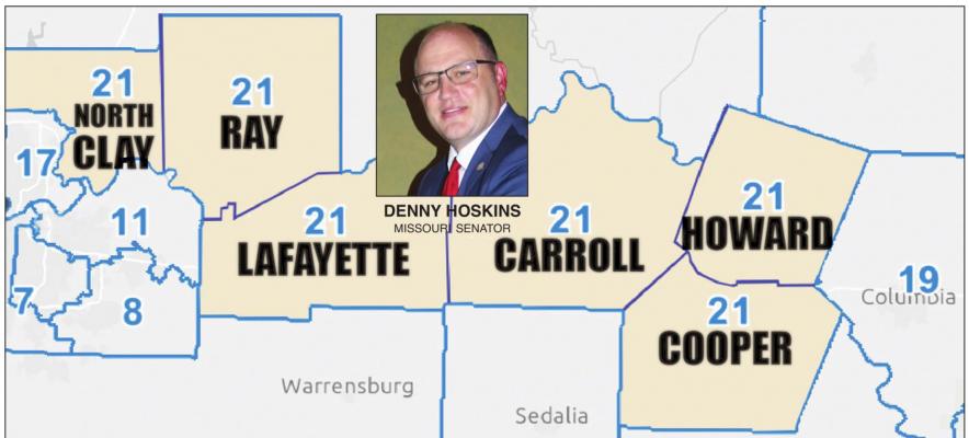 THIS MAP of the proposed 21st Senatorial District takes in the top half of Clay County, including Excelsior Springs, plus all of Ray, Lafayette, Carroll, Howard and Cooper counties. Sen. Denny Hoskins, who lives in Johnson County, would represent the new district until his term ends in two years. J.C. VENTIMIGLIA | Staff