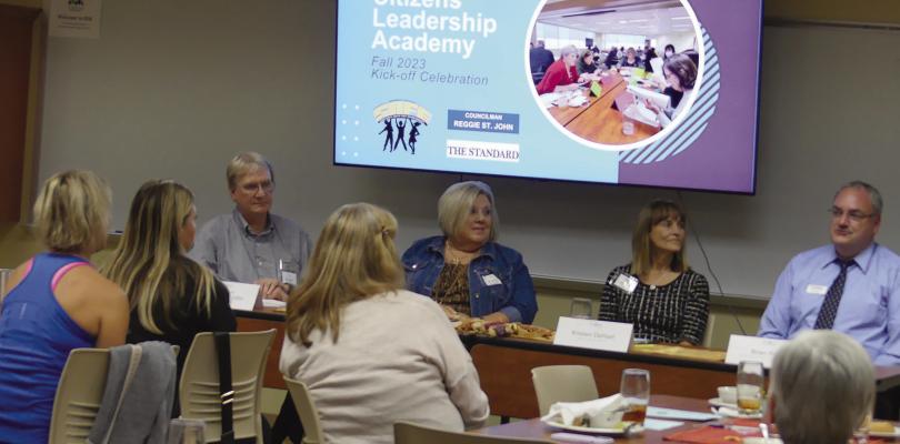 A PANEL OF community leaders including Reggie St. John, councilmen (from left), Marth Buckman, hospital treasurer, Kristen Dehart, hospital chief executive officer and Brian Rice, chamber director explained what leadership means to them to those in attendance at the academy. ELIZABETH BARNT | Staff