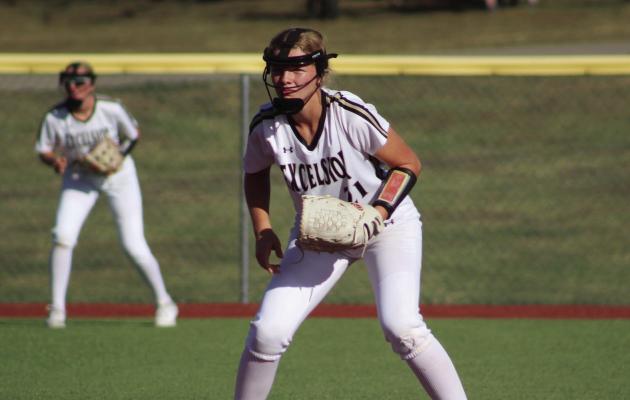 SHORTSTOP BELLA LOEFFERT, a first-year high schooler, gets ready in case a ball is hit her way last week during an Excelsior Springs home varsity softball game. DUSTIN DANNER | Staff