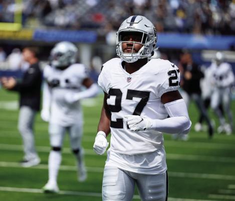 SAM WEBB, a 2016 Excelsior Springs High School graduate, takes the field for warm-ups before the Las Vegas Raiders’ season opener against the Los Angeles Chargers Sept. 11 at SoFi Stadium. LAS VEGAS RAIDERS | Submitted