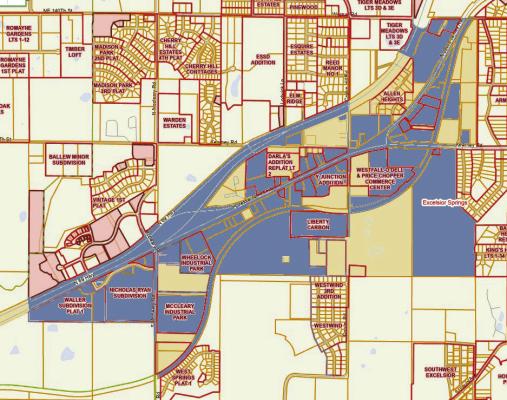 A COMMUNITY IMPROVEMENT DISTRICT MAP shows in blue the areas that will be involved in the project. Submitted