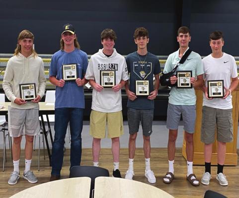BASEBALL award-winners, from left, are Zeb McBee, Tiger Award; Jacob Bright, Tiger Award; Lucas Dillman, Player of the Year; Micah Danner, Rookie of the Year; Jalen Soria, Tiger Award; and Brayden Lewis, Rookie of the Year. DUSTIN DANNER | Staff