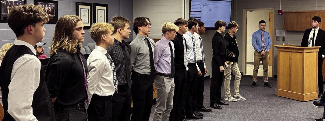 EXCELSIOR SPRINGS HIGH SCHOOL boy’s soccer team members Drake Simonities (from left), Elijah Ishmael, Austin Collins, Brett Jones, Logan Houston, Kolin Kincaid, Mason Wartner, Grayson Grove, Shia Hyche, Jaxon Hellyer, Brady Schoonover, coach Brett McKenzie and coach Zac Ganzer are honored for their hard work and dedication for this years athletic season. MARK BULLIMORE | Submitted