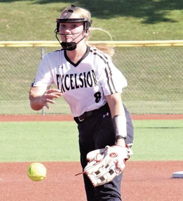 FIRST-YEAR HIGH SCHOOLER Kayden Rogers delivers a strike last week during Excelsior Springs’ 16-0 loss to Truman, an Independence-based school. DUSTIN DANNER | Staff