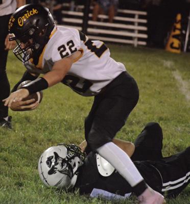 CAMDEN SAMS attempts to break a tackle during Orrick’s road meeting with Norborne Hardin-Central. Sams and his fellow Bearcats are prepping for Concordia this week. SHAWN RONEY | Staff