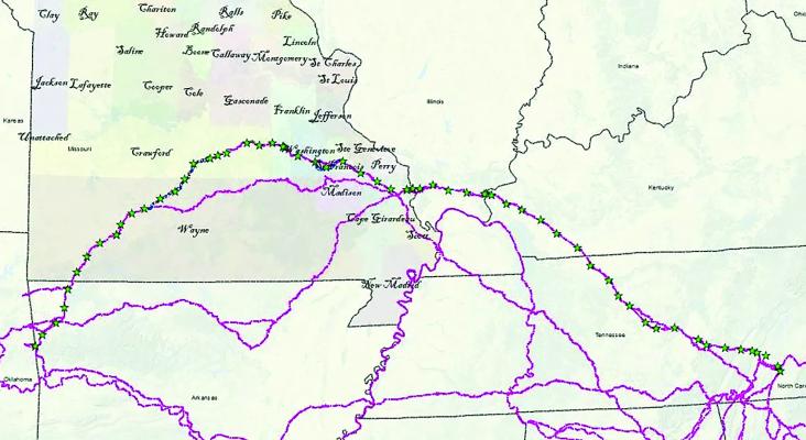 STARS ON THE NEWLY found Trail of Tears line indicate points that are verified from Lt. Cannon’s journal and the 1837 survey map. Submitted