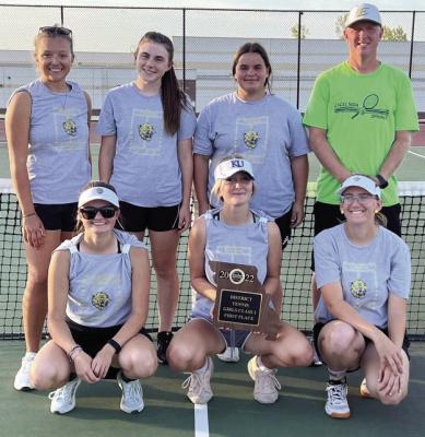 MEET THE Class 1 District 14 girls tennis champions: From left, front row, Anna Selby, Lauren Mueller, Laura Nunnenkamp; back row, Megan Riegel, Shelby Stodden, Malaya Tedesco, Excelsior Springs coach Richie Marsh. DUSTIN DANNER | Staff