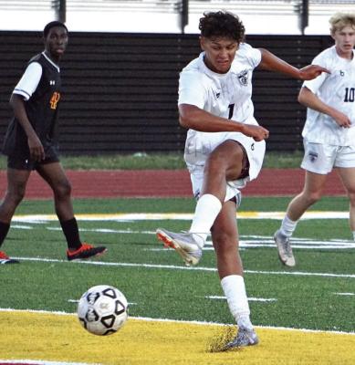 JAKE ZAPATA, shown recently taking a shot in a varsity game, has joined the 100-goal club at Excelsior Springs High School. DUSTIN DANNER | Staff