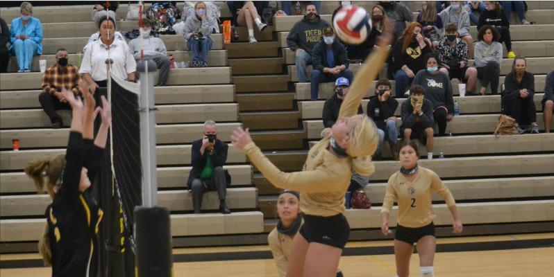 DUSTIN DANNER | Staff JUNIOR RYLI STOTTLEMYRE goes up high to pick up a kill for Excelsior Springs Sept. 8 against visiting Cameron in non-conference action.